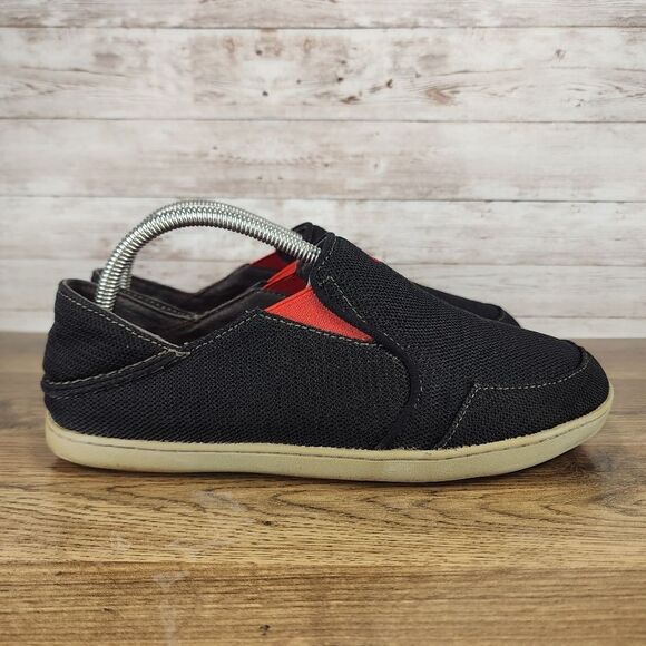 Olukai Men’s Nohea Mesh Slip On Shoes Size 8 Carbon Black Deep Red Comfort - Picture 1 of 8